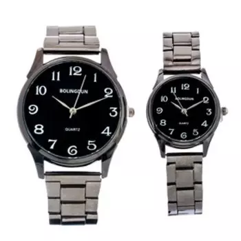 Подарочный набор 2 в 1 "Bolingdun": часы наручные для нее и для него, темный хром
