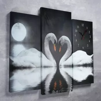 Часы=картина настенные, модульные, «Пара лебедей», бесшумные, 6080 см, триптих
