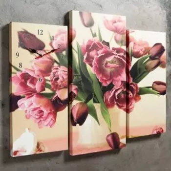 Часы-картина настенные, модульные "Цветы в вазе", бесшумные, 60 х 80 см, триптих