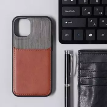 Чехол LuazON для iPhone 12 mini, с отсеком под карты, текстиль+кожзам, коричневый