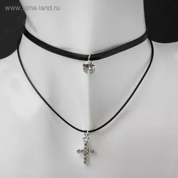 Чокер "Две нити" крестик мини, цвет белый ,35см