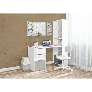 Стол письменный «Мико», со стеллажом, 3 ящика, 13406201720 мм, цвет белый/белый глянец/бетонный камень