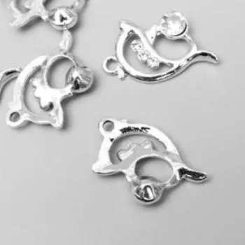 Декор для творчества металл "Дельфин с мячом" серебро, стразы 2,5х1,7 см