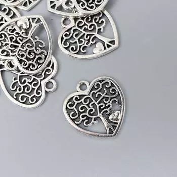 Металлический элемент, декоративная подвеска «Арт Узор. Деревце в сердце», серебро, 1.81.7 см