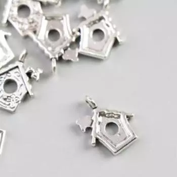 Декор для творчества металл "Птичка на скворечнике" серебро 1,7х1,4 см