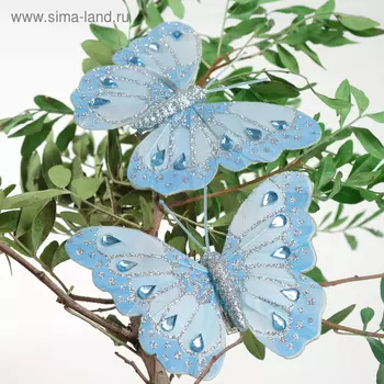 Бабочка для декора и флористики, на прищепке, пластиковая, голубая, микс, 1 шт., 7 х 9 х 1 см