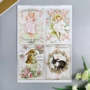 Декупажная карта "Дети и кролики" плотность 45 г/м2, формат А4