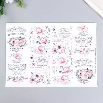 Декупажная карта "Розовые цветы" формат А4, плотность 45г/м2