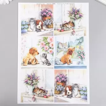 Декупажная карта "Щенята и котята" формат А4, плотность 45г/м2