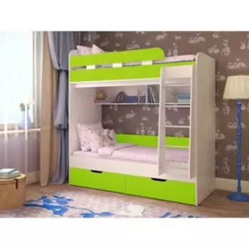 Детская двухъярусная кровать Юниор-5 белое дерево/лайм