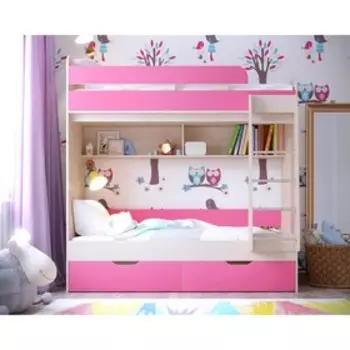 Детская двухъярусная кровать Юниор-5 дуб молочный/розовый