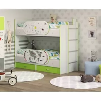 Детская двухъярусная кровать Умка белый/лайм-карта+созвездие