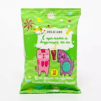 Детские влажные салфетки Delicare коты антибактериальные 15 шт