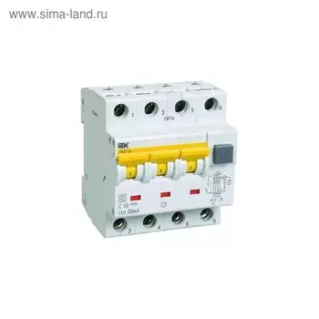 Дифф. автомат IEK, 3 п + N, 4 мод., C 16 А, 30 мА, тип A, 6 кА, АВДТ-34, MAD22-6-016-C-30
