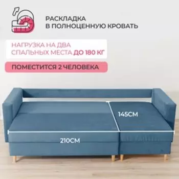 Угловой диван «Киото», механизм еврокнижка, угол универсальный, велюр, цвет синий