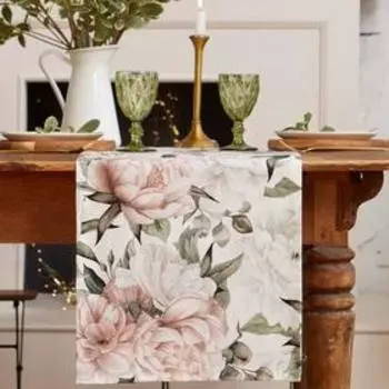 Дорожка на стол Этель «Пионы» 40145 +/-5 см, 100% хлопок, саржа 190 г/м, белая/розовая