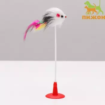 Дразнилка «Мышь на присоске», искусственный мех с перьями, 20 см, микс цветов