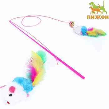Дразнилка-удочка «Цветная мышка», 32 см, белая/синяя мышь на розовой ручке