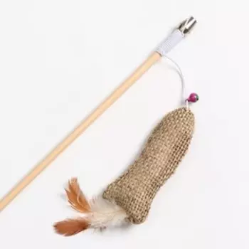 Дразнилка - удочка из эко-материалов "Рыбка с кошачьей мятой и перьями" на дерев. палочке