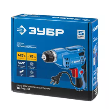 Дрель безударная "ЗУБР" Профессионал ЗД-П421 ЭР, 420Вт, быстрозажим. патрон, эл.рег-ка скор.