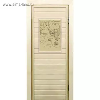 Дверь для бани со стеклом (40*60), "Банька у реки-2", сатин, 19070см, коробка из осины