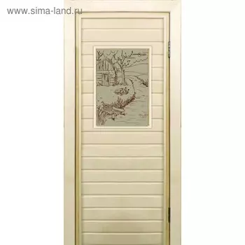 Дверь для бани со стеклом (40*60), "Банька у реки-1", сатин, 18070см, коробка из осины