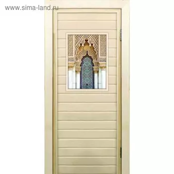 Дверь для бани со стеклом (40*60), "Восточный орнамент", 18070см, коробка из осины
