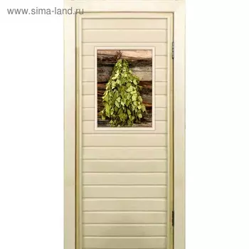 Дверь для бани со стеклом (40*60), "Веник в бане-1", 18070см, коробка из осины