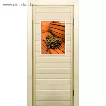 Дверь для бани со стеклом (40*60), "Веник на полке", 18070см, коробка из осины