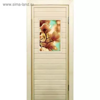 Дверь для бани со стеклом (40*60), "Цветение", 19070см, коробка из осины