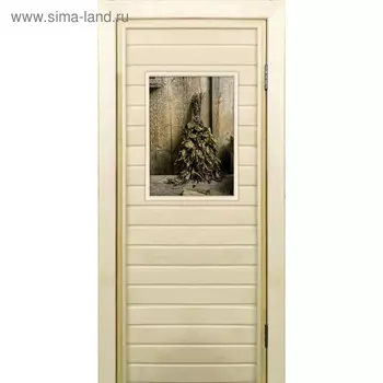 Дверь для бани со стеклом (40*60), "Веник в бане-2", 19070см, коробка из осины