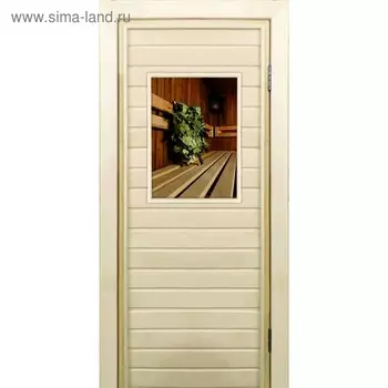 Дверь для бани со стеклом (40*60), "Веник в бане-3", 18070см, коробка из осины