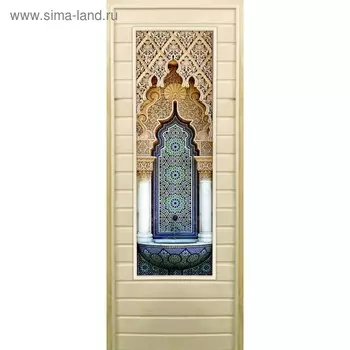 Дверь для бани со стеклом (43*129), "Восточный орнамент", 17070см, коробка из осины