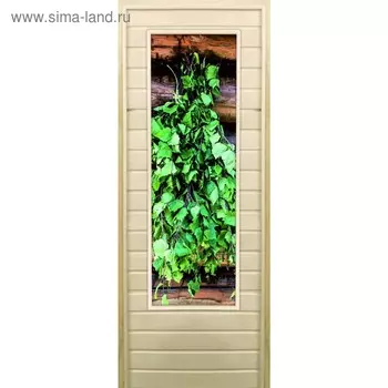 Дверь для бани со стеклом (43*129), "Веник для бани", 18070см, коробка из осины
