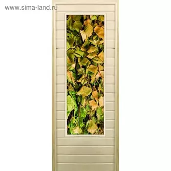Дверь для бани со стеклом (43*129), "Веники для бани", 18070см, коробка из осины