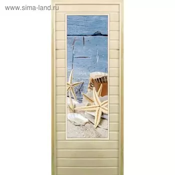 Дверь для бани со стеклом (43*129), "Ракушки", 17070см, коробка из осины