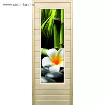 Дверь для бани со стеклом (43*129), "Цветы и бамбук", 19070см, коробка из осины