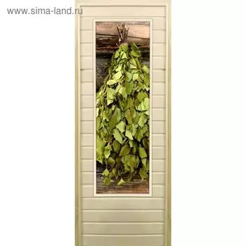 Дверь для бани со стеклом (43*129), "Веник в бане-1", 17070см, коробка из осины