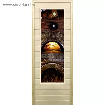 Дверь для бани со стеклом (43*129), "Печь", 19070см, коробка из осины