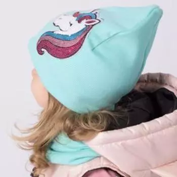 Двухслойная шапка, цвет мята/принт единорог, размер 46-50