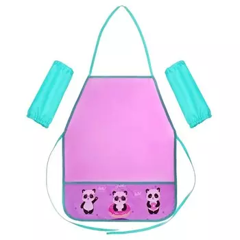 Фартук для труда + нарукавники, 490 х 390/250 х 120 мм, (рост 116-152), НФ-2 "Пандочки", сиреневый/бирюзовый