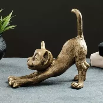 Фигура "Веселый кот подтягивает лапки" 22х10х20 см, бронза с позолотой