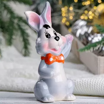 Фигура "Заяц с красным бантом" серый, 6х6х14см