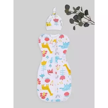 Фигурная пеленка-кокон на молнии с шапочкой Amarobaby Curly Зоопарк, размер 56/68