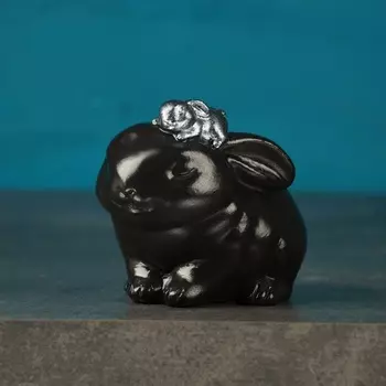 Фигурное кашпо для цветов «Зайчиха с зайчонком», h=9 см, гипс, черное, серебристое