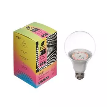 Фитолампа для растений Luazon Lighting, светодиодная, А60, E27, 15 Вт, IP44, 220 В, 270°, мультиспектральная