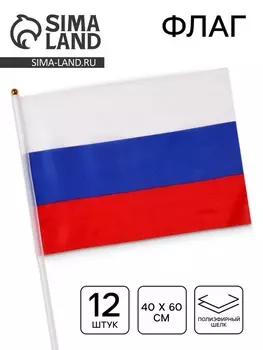 Флаг России, 4060 см, шток 60 см, полиэфирный шёлк, набор 12 шт.