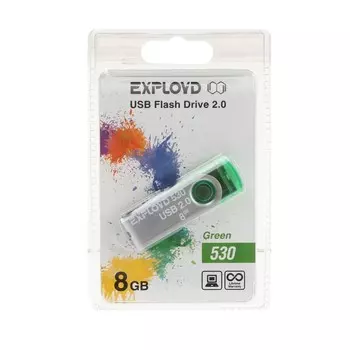 Флешка Exployd 530, 8 Гб, USB2.0, чт до 15 Мб/с, зап до 8 Мб/с, зеленая