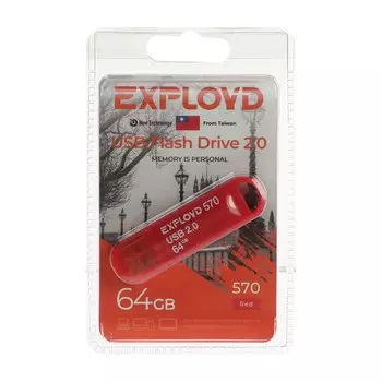 Флешка Exployd 570, 64 Гб, USB2.0, чт до 15 Мб/с, зап до 8 Мб/с, красная