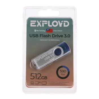 Флешка Exployd 590, 512 Гб, USB3.0, чт до 70 Мб/с, зап до 20 Мб/с, синяя